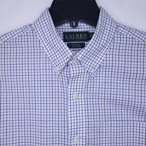 Lauren Ralph Lauren Dress Shirt Mens 16 Check White, Blue Slim Fit Non Iron